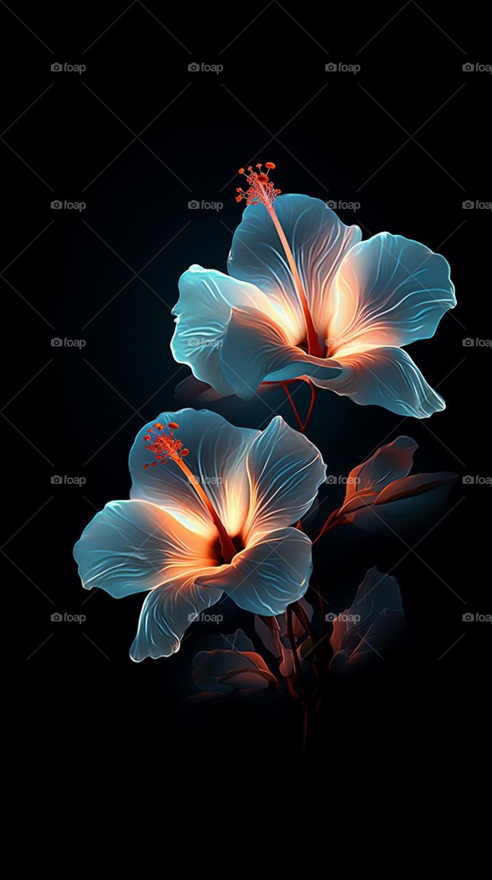 blooming light blue flowers on dark background in the style of luminescent lightscapes