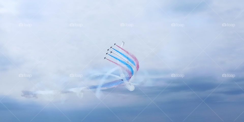 RAF, Red Arrows formation, acrobatics, show above the sea, Clacton