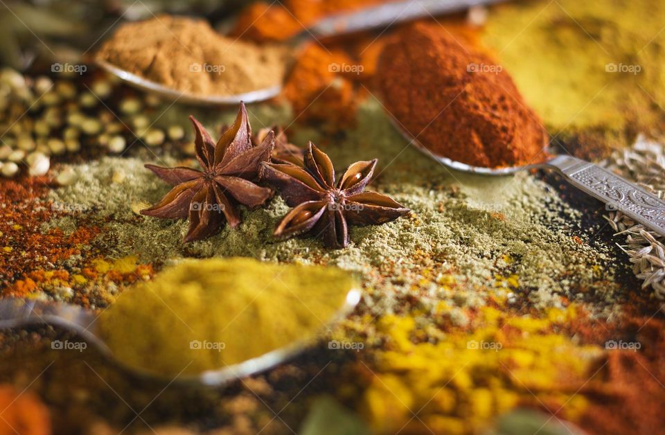 Selection of spices, seeds and leaves