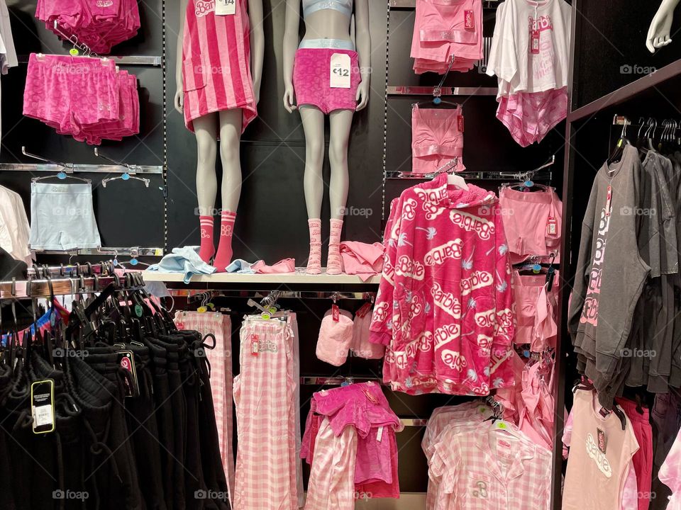 A collection of Barbie-themed clothing displayed in the Primark department store in Dublin city centre. New Barbie film.