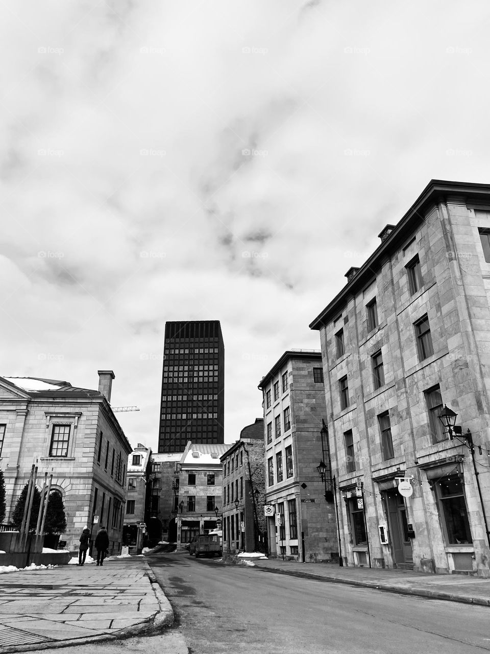 Downtown buildings in black and white...