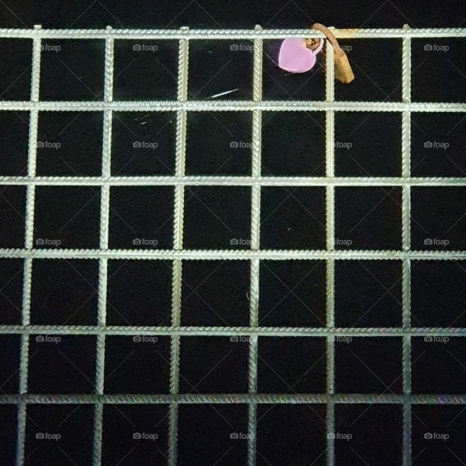 Pink heart on iron fence.