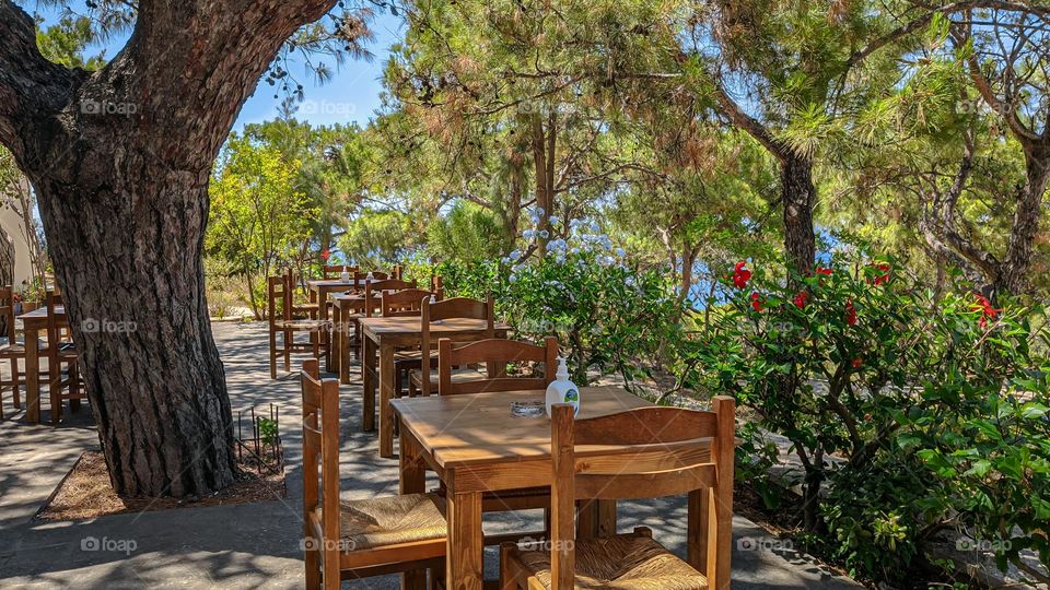 A beautiful view of a fabulous terrace with wooden tables and chairs in a cafe immersed in greenery and flowers on top of a mountain in the old ruined city of Kamiros on the island of Rhodes, Greece, vtd side close-up. Beautiful ions concept and wall