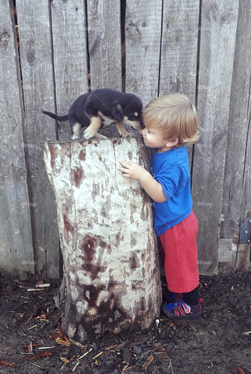 little boy with a puppy