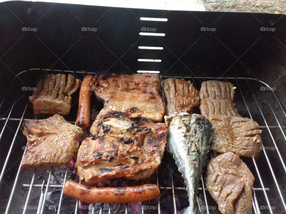 grilled pork, beef, hotdog and fish