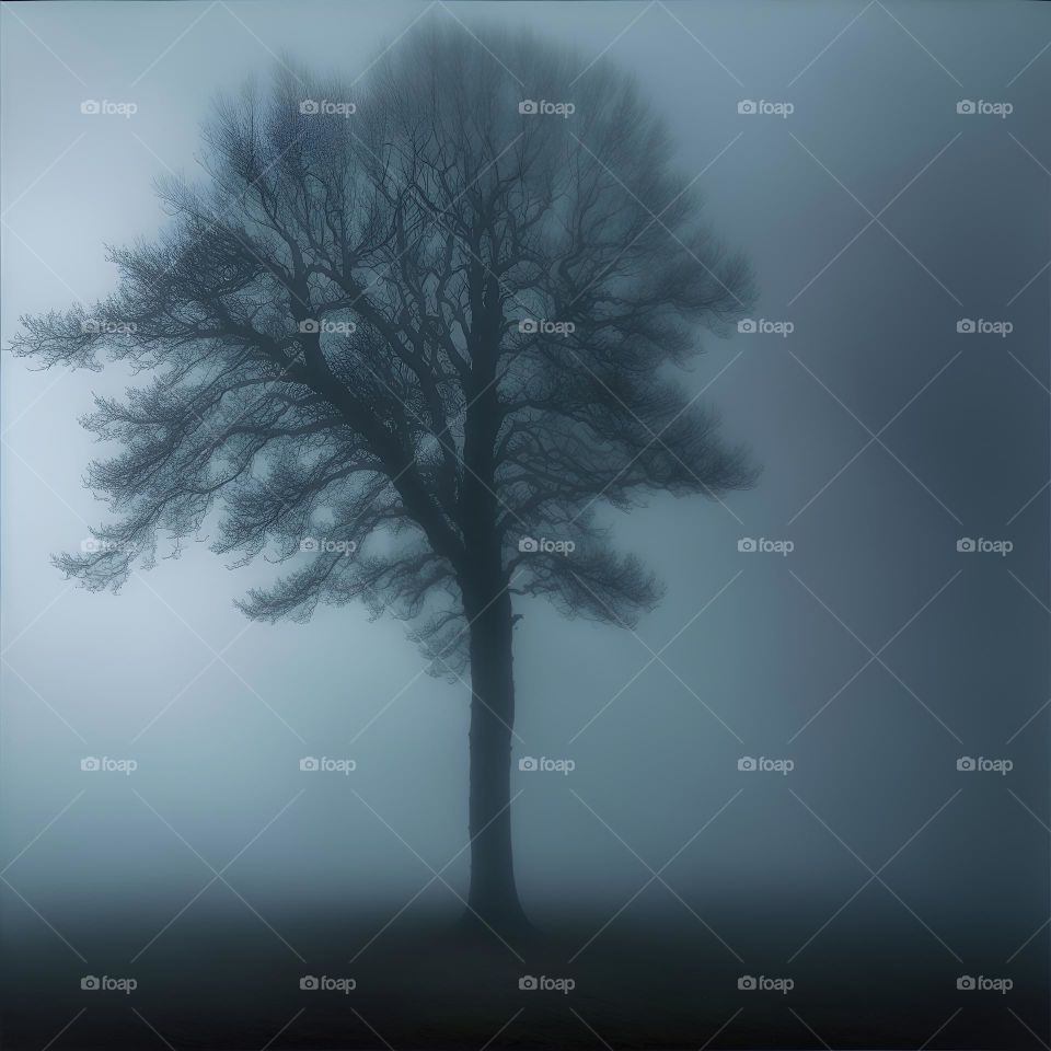 a photo of a Alone tree in a foggy mist field