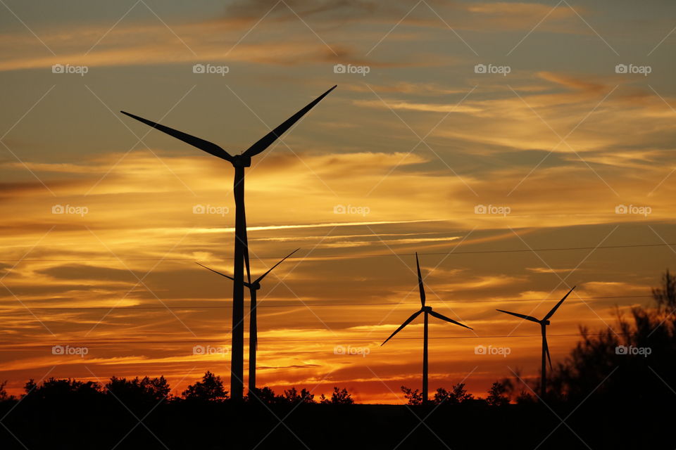 Windmills at sunset. Bay of Puck. Poland