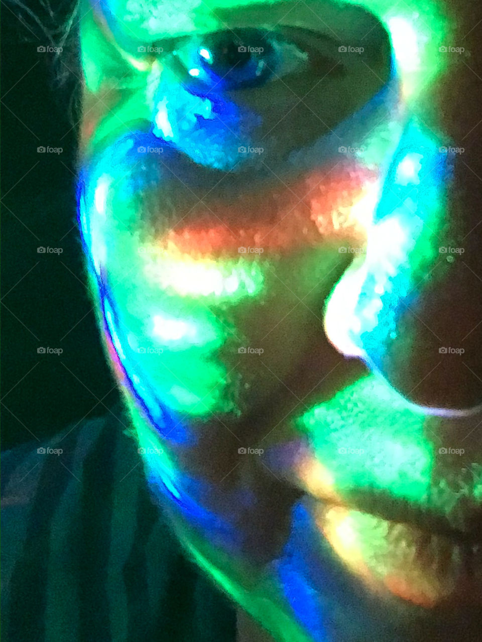 Colourful selfie. Experimenting with my kaleidoscope Christmas lights. Cool, but a tad creepy!