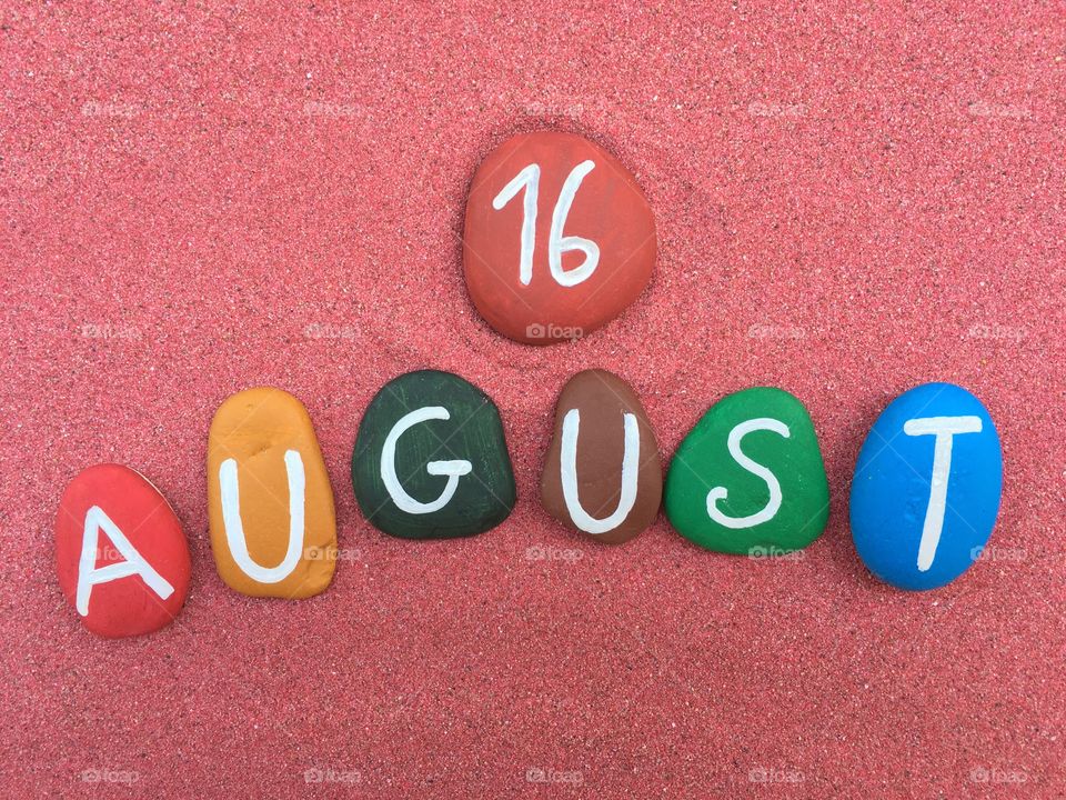 16 August, calendar date on colored stones