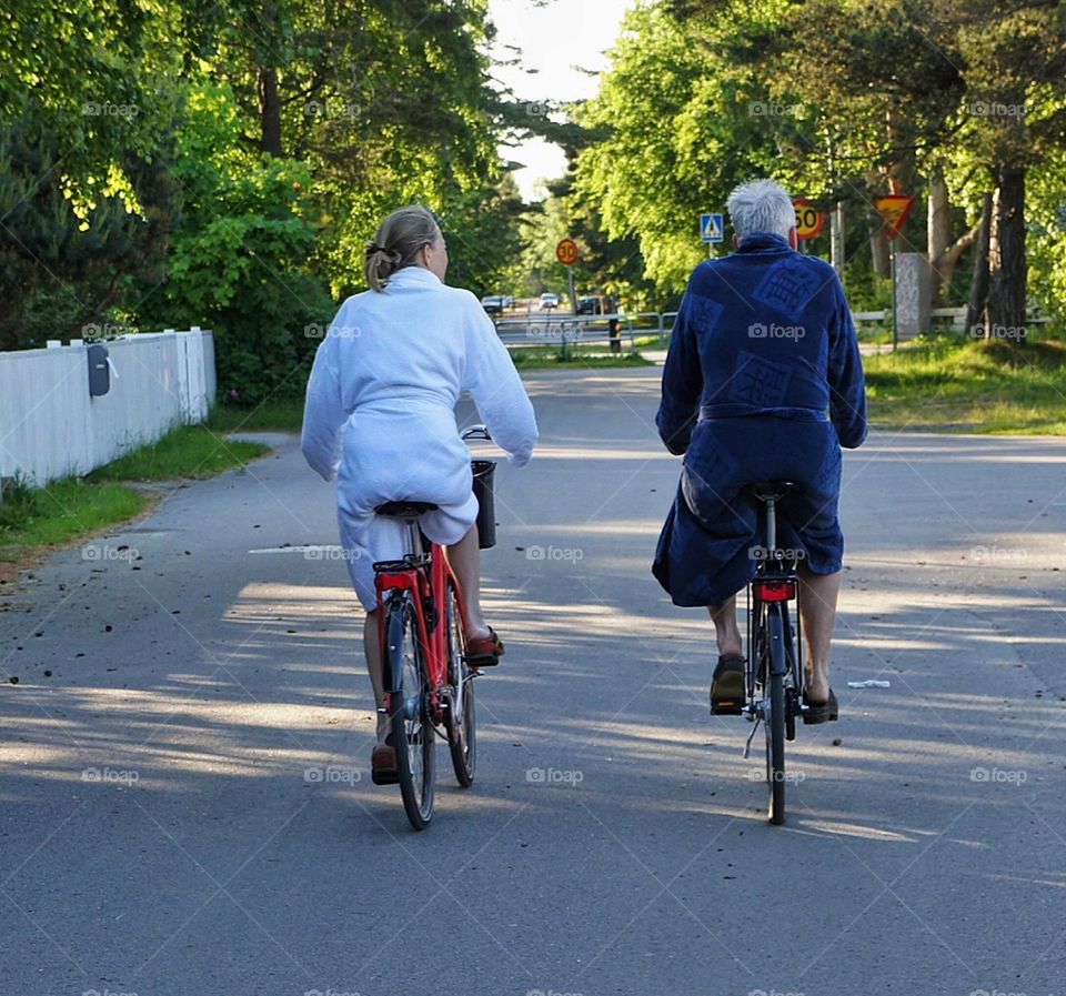 Biking home after a swim 