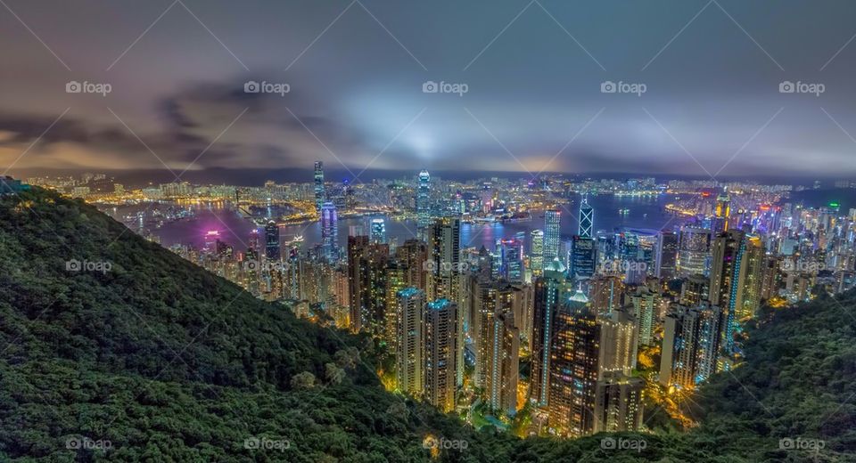 Illuminated city in Hong kong