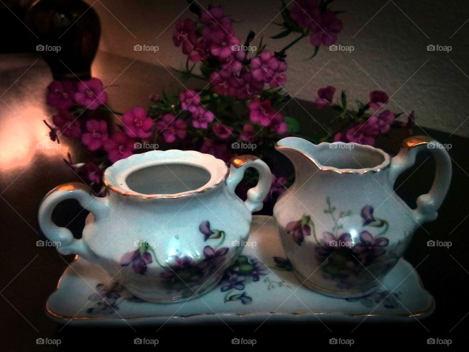 sugar Bowls on Platter with Flowers