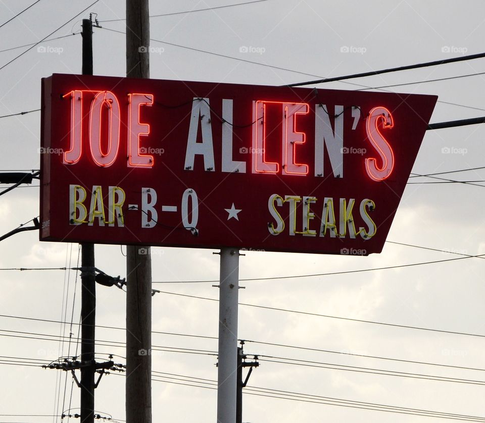 Joe Allen's BBQ & Steaks in Abilene, Texas - neon sign.  Best ribeye  steak in Texas. 