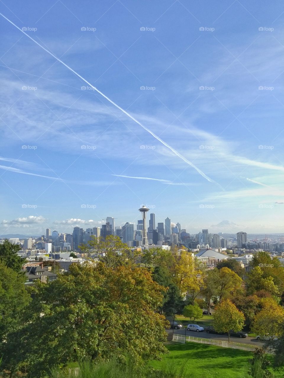 Seattle Skyline Portrait. A tall scenic portrait view of downtown Seattle Skyline with the Space Needle and Mt Rainer in the background