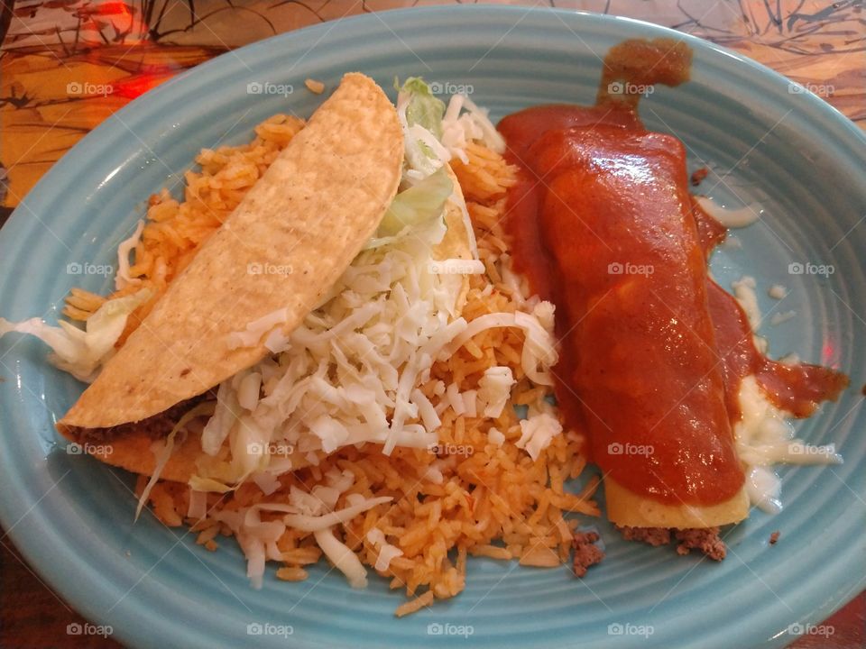 Enchilada, taco combination plate