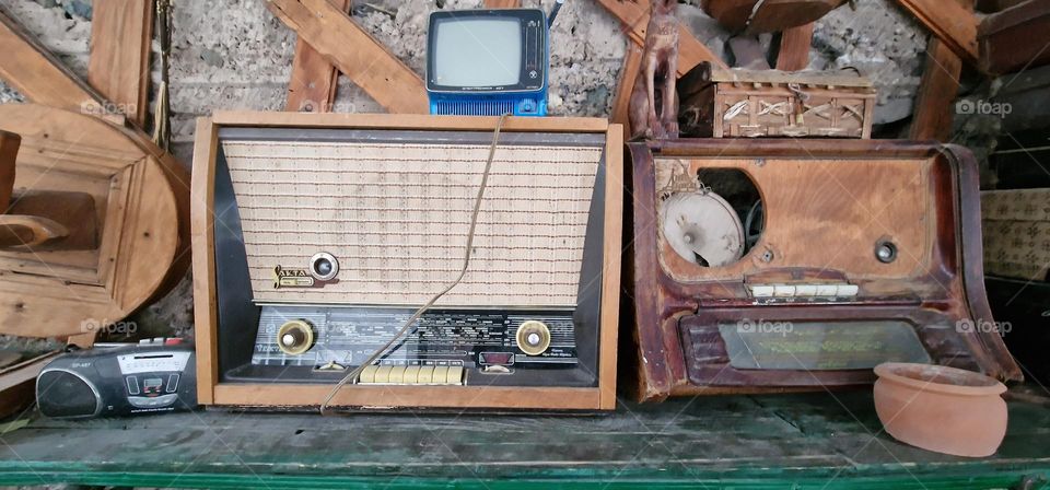 Old soviet vintage radios and very small retro TV and radiocasette player in Northern Armenia.