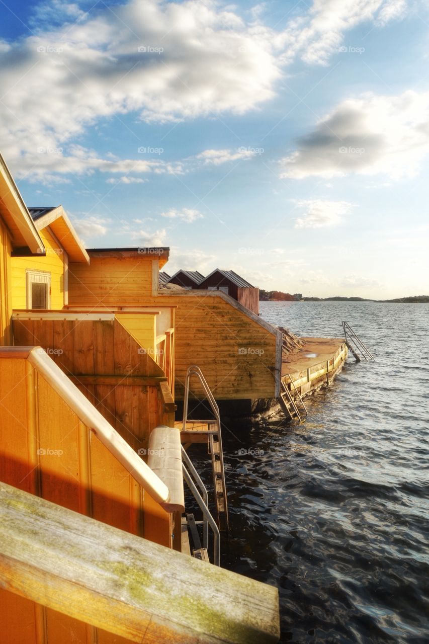 Swimming houses. Swimming houses by the sea