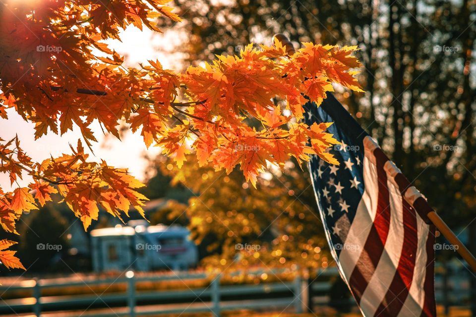 American flag in a Autumn setting.