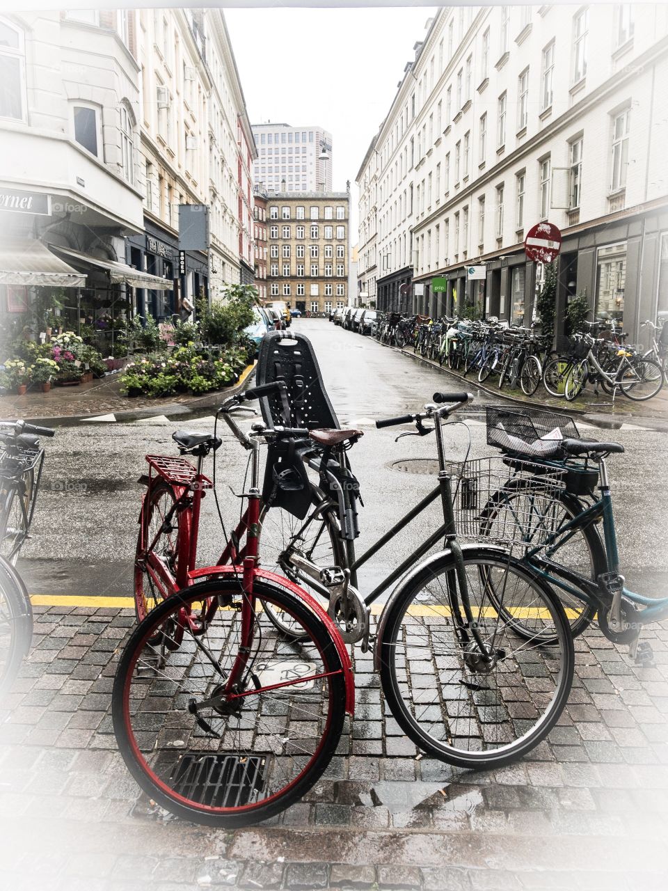 Bikes in the rainy summer in Copenhagen 