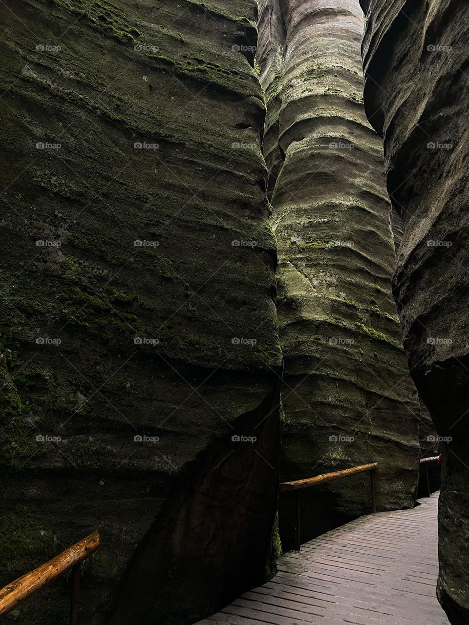 Adršpach mountings and rock structures in Czech Republic. Dark green and grey natural colors, a path surrounded by rocks and stones in the wild nature