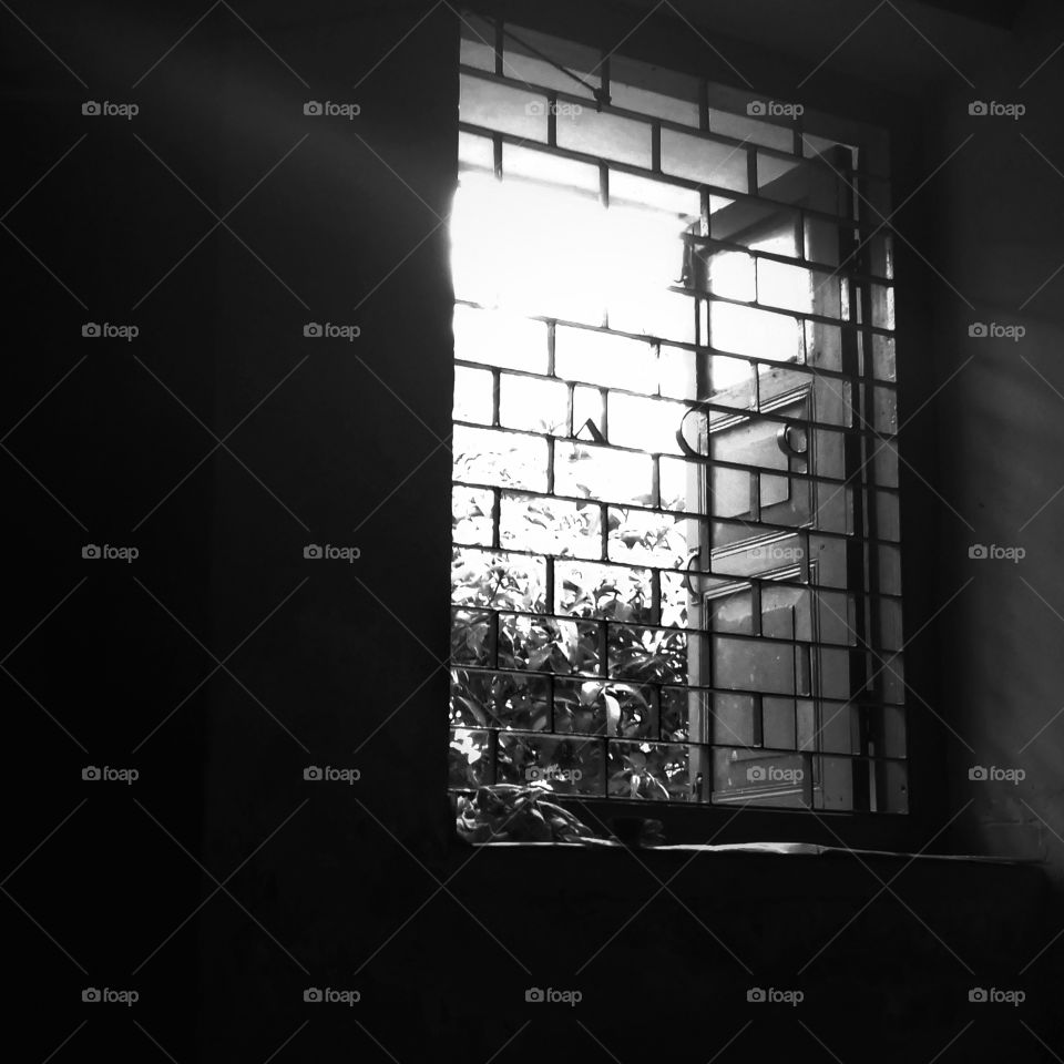 Open window. Black and white photograph.