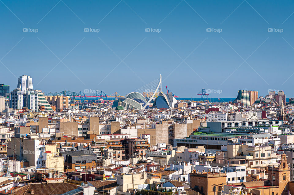 View at Valencia cityscape with Centre of Culture and Science Ciudad de las Artes y las Ciencias. Spain.