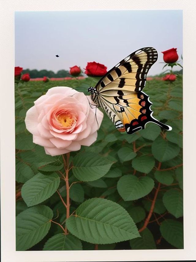 A butterfly fluttering over a beautiful rose