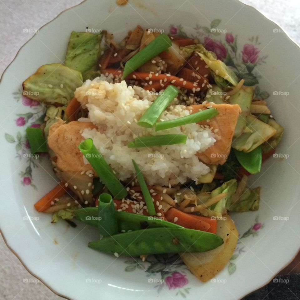 Salmon rice and veg