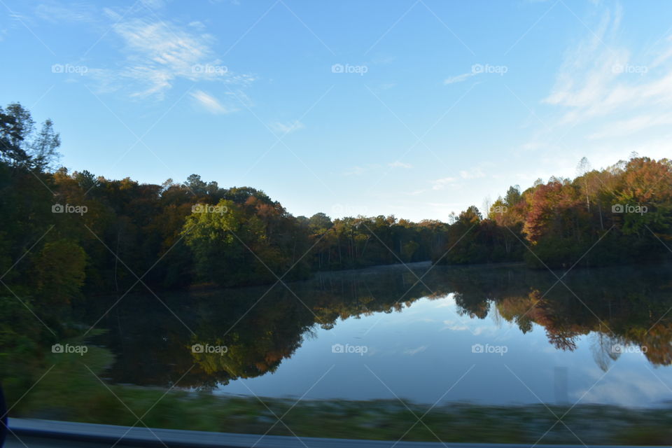 Smooth water reflects the trees and blue sky