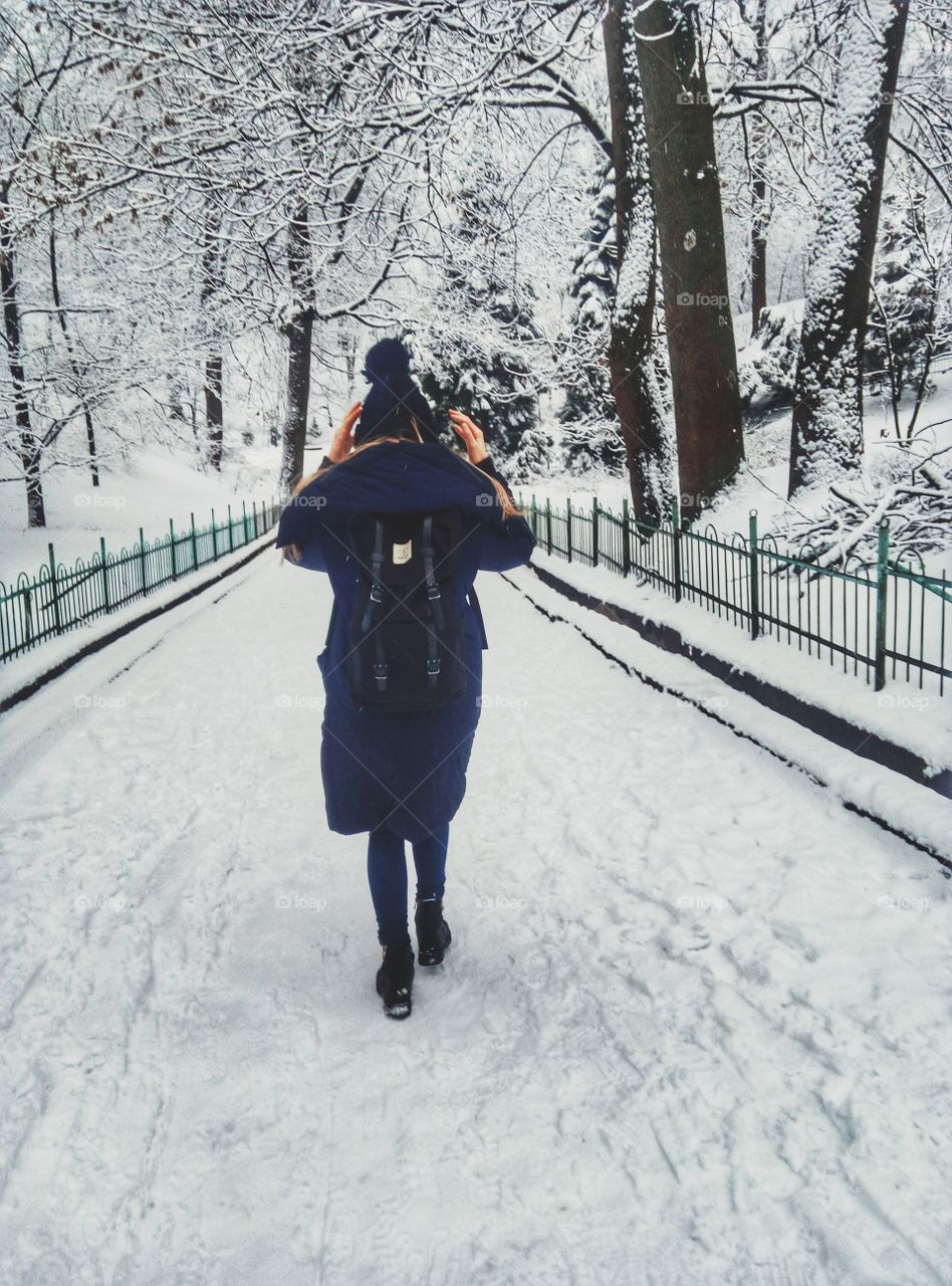 snow, woods, girl, walk, park, cold, winter,