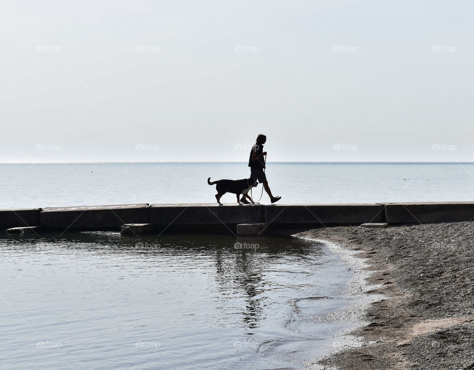 Walking the beach with a dog