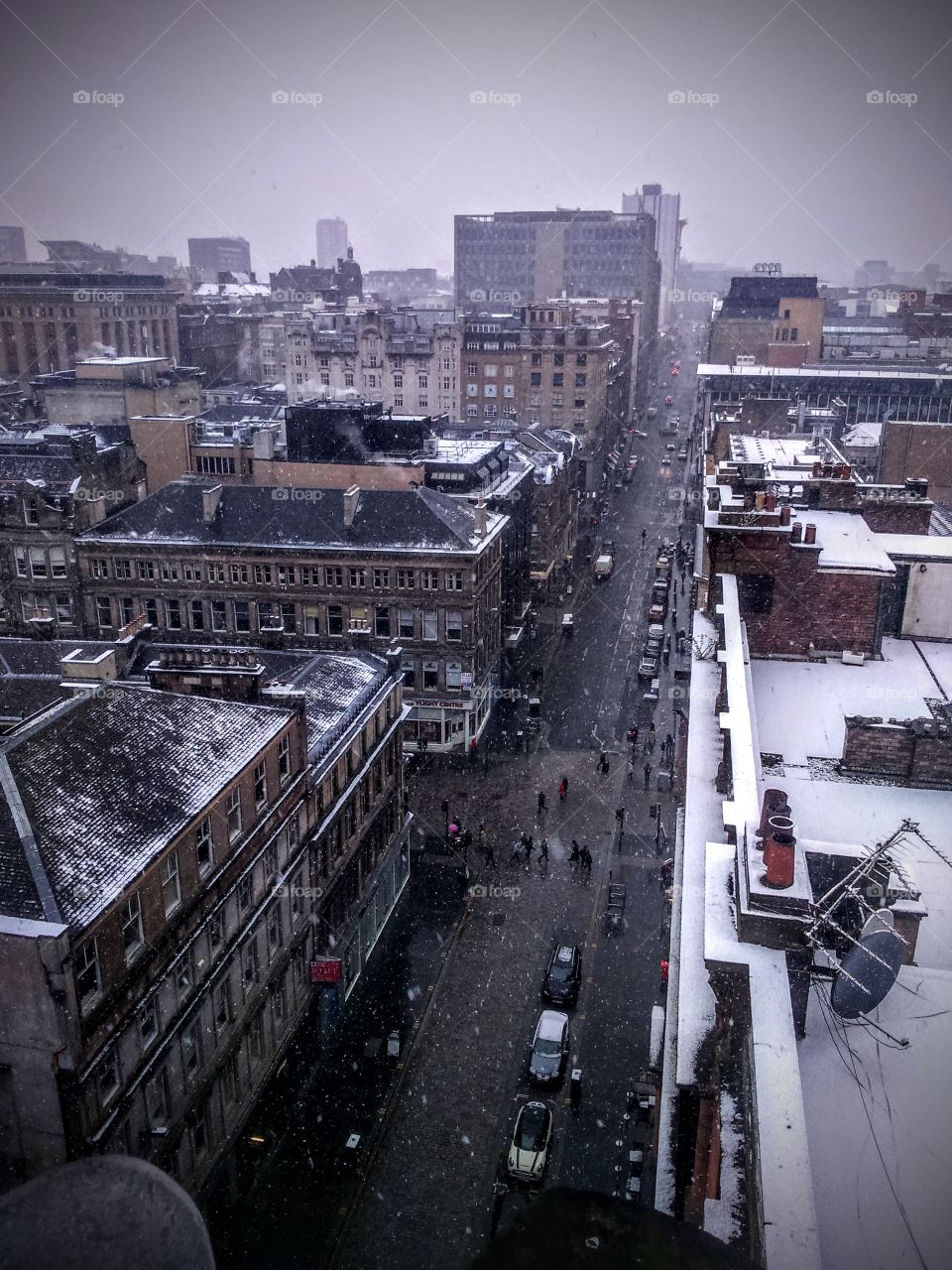 Glasgow during a snow burst as seen from the lighthouse building