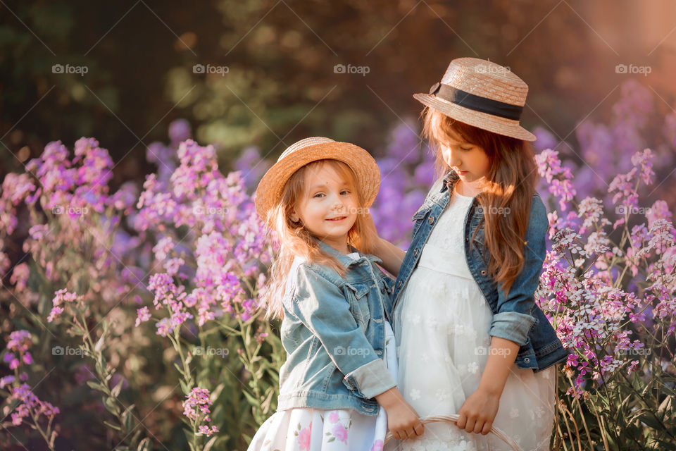 Little sisters in a blossom meadow at sunset 