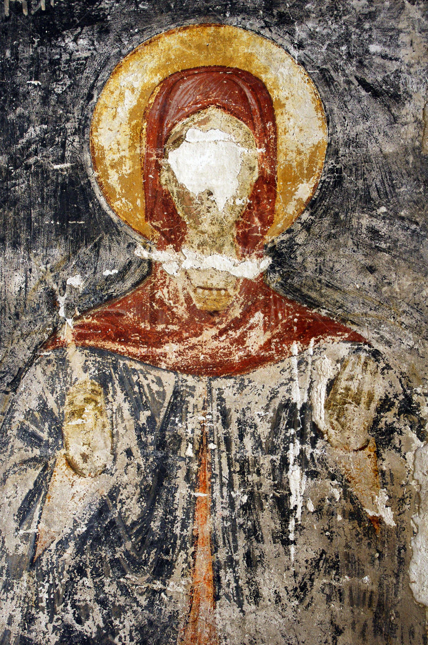 Damaged Religious Painting in the Agora of Athens, Greece