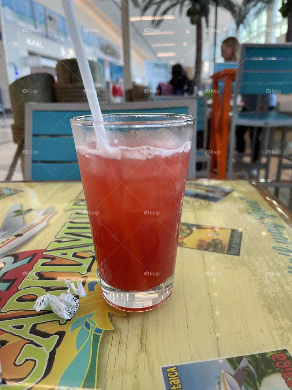 A strawberry margarita ready to be sipped at a Mexican restaurant at the airport.