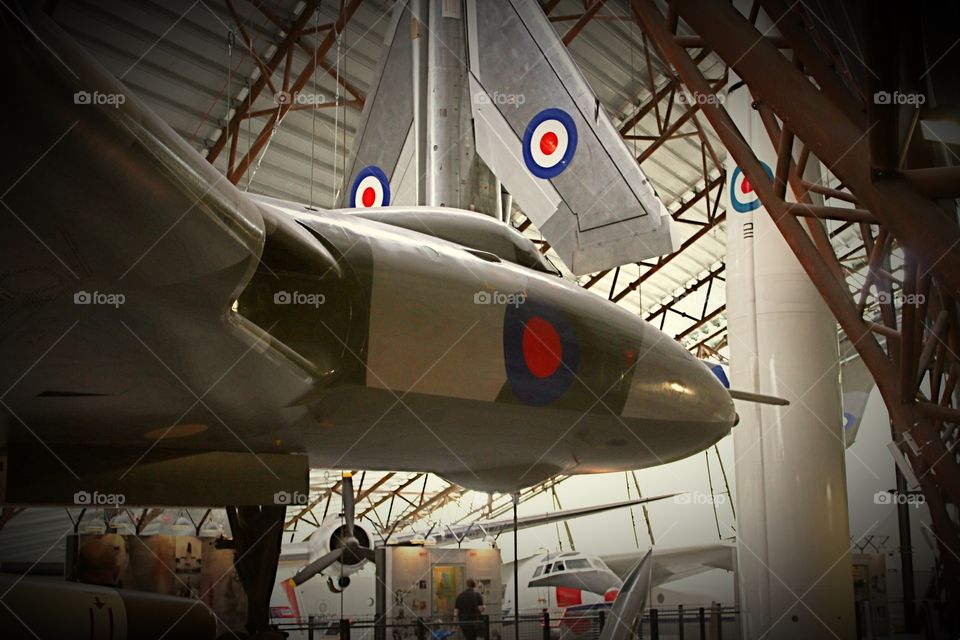 Vulcan bomber with electric lightning suspended in background