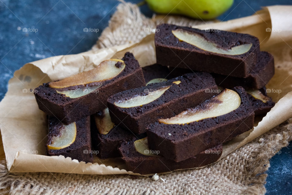 slices of pear chocolate cake