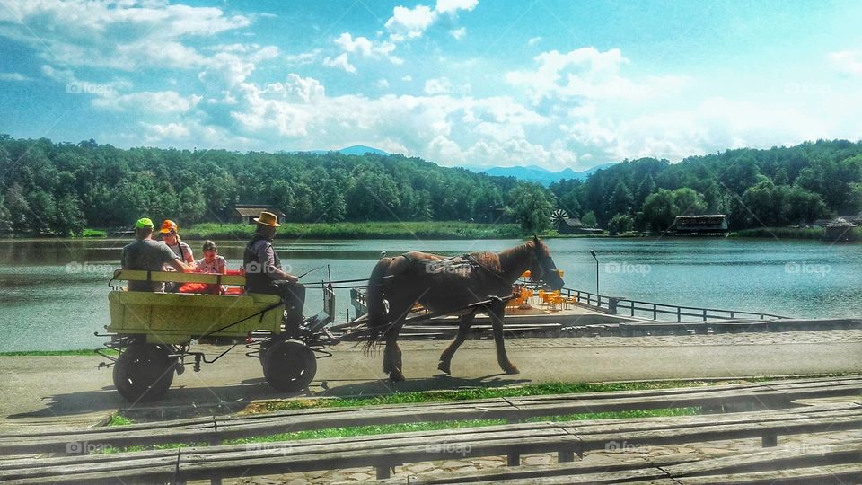 At the Village Museum in Sibiu - people are going for a ride in a horse drawn cart.