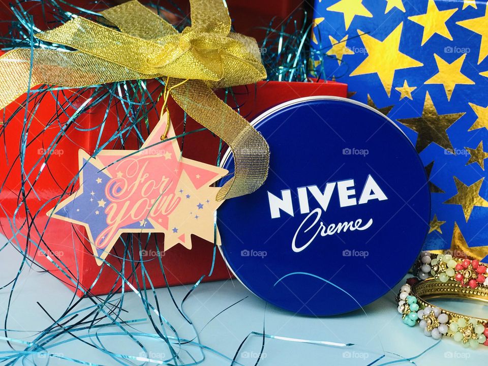 Nivea cream and gift box labeled as for you.