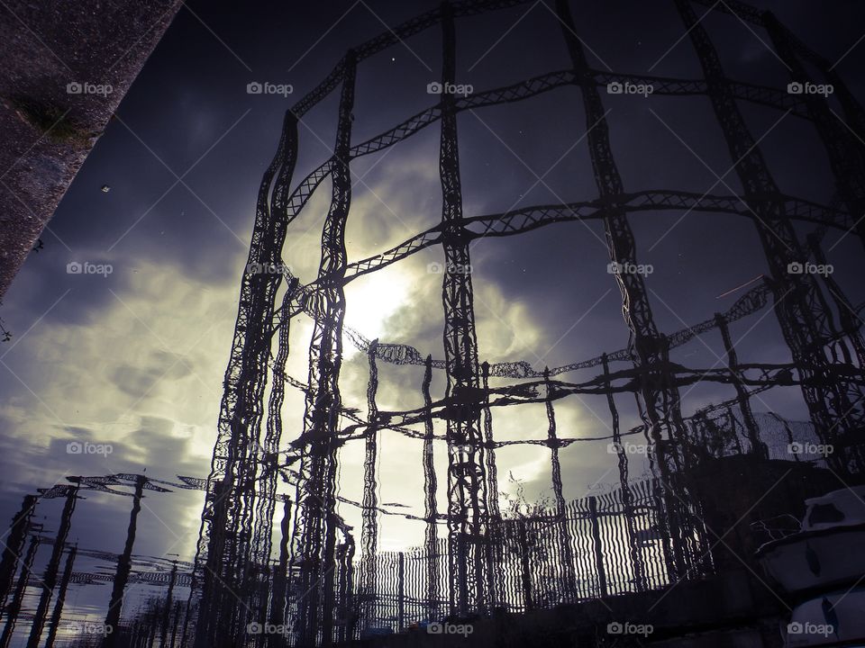 Gas Tower Reflection. Reflection of a gas tower in Hackney, London