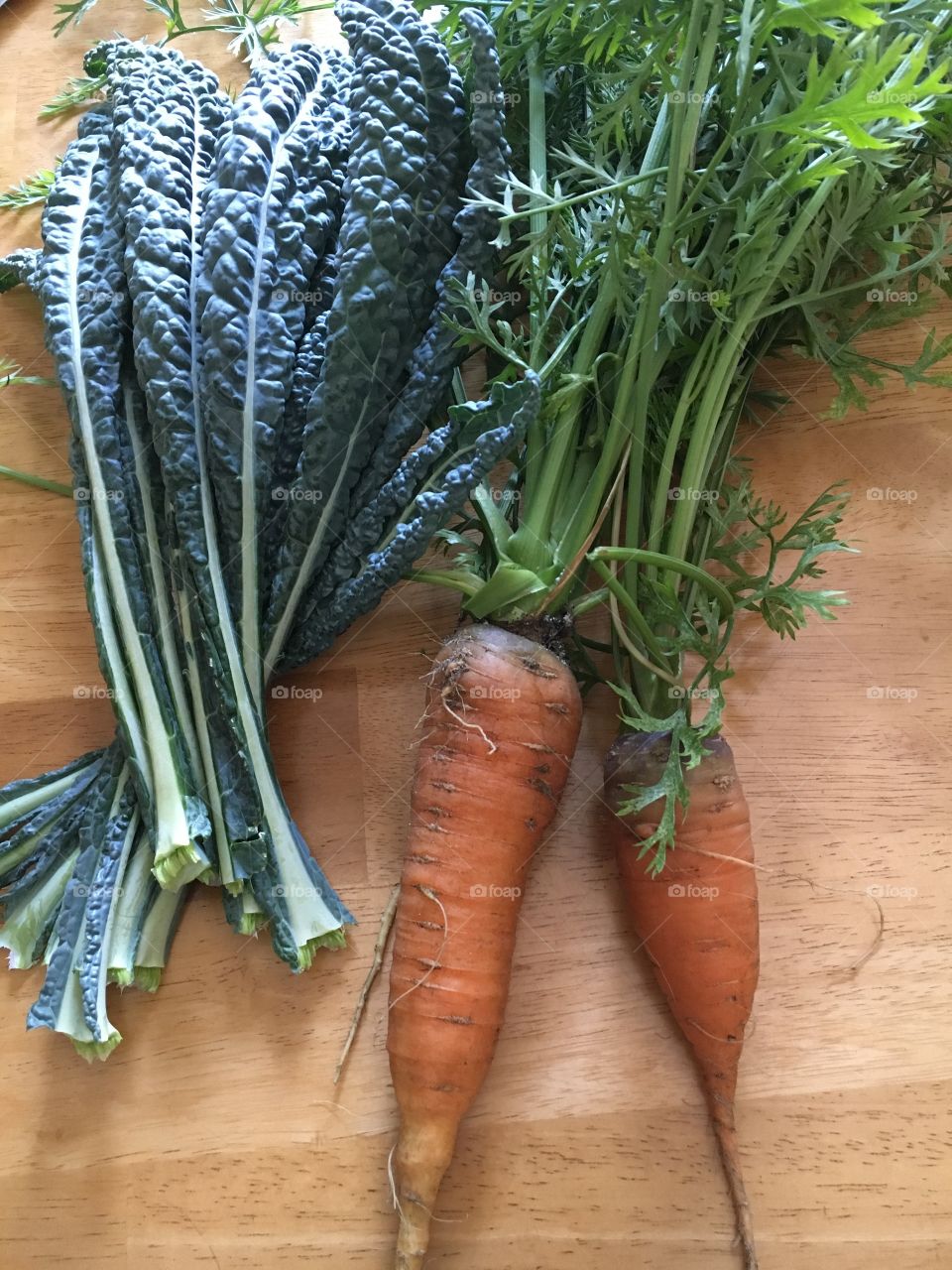 Kale and carrots fresh picked from the garden for homemade vegetable soup. 