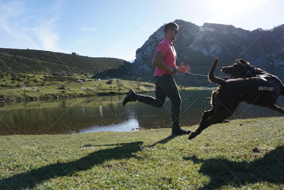 Nature#lake#human#dog#run#mountain