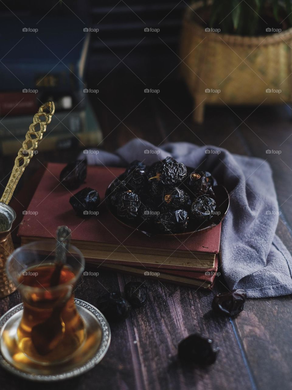 Dried dates fruits, also known as kurma ajwa, typical fruits during Ramadhan. Very healthy food. Selective focus