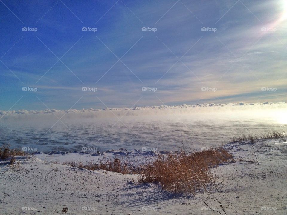 Steam rising off Lake Michigan