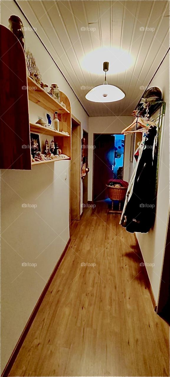 This is the hallway with several adjacent rooms in the one story bungalow style house in „Bavaria“, Germany. 2023. Hypnotic Productions