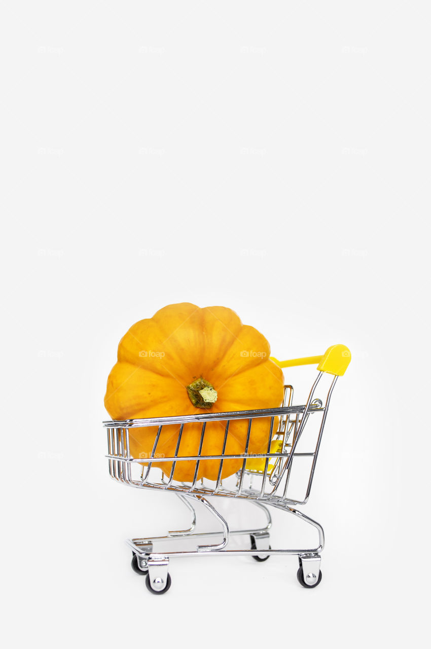 miniature grocery cart with little pumpkin isolated on a white background. Small decorative pumpkin. The concept of the autumn sales. Black Friday and cyber Monday