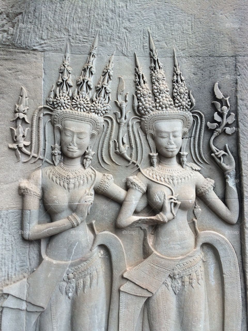 Siem Reap, Cambodia (Angkor Wat temple): nude sculptures of Eastern Asia culture 