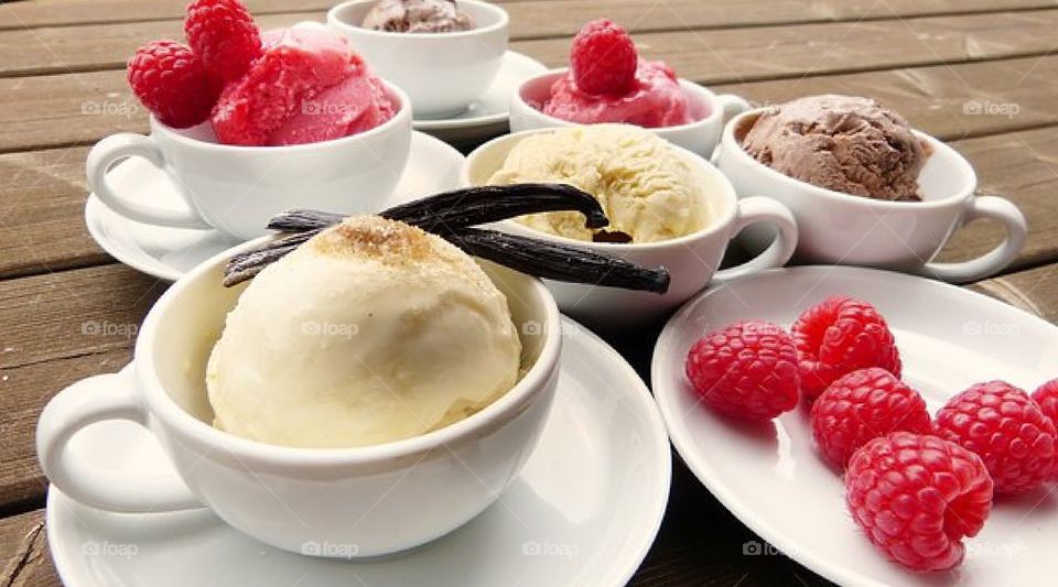 Strawberry, chocolate, and vanilla ice cream.