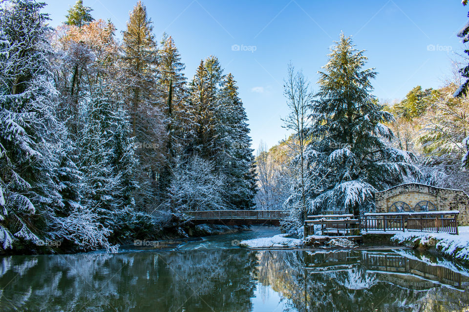Mountain landscape view with trees , snow and river 