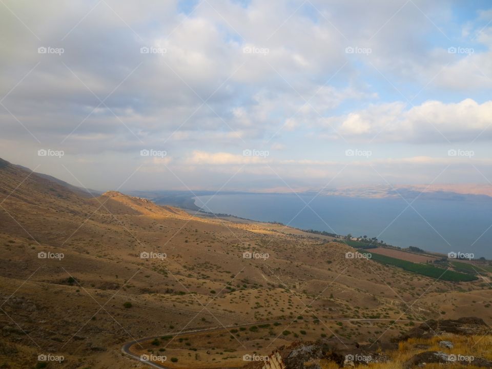 Sea and Hills. Sea of Galilee from the Golan Heights, Israel. 